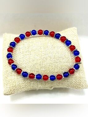 Vintage Silver Tone Red Cobalt Blue Glass Bead Alternating Stretch Bracelet